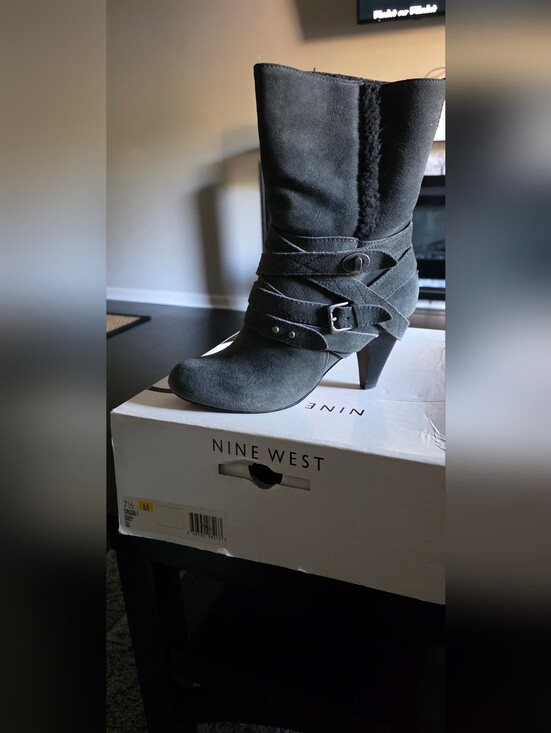 Nine West Shoes - Nine West Charcoal Suede Mid-Heel Ankle Boots with Wrap Straps